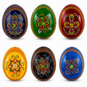 Set of 6 Multicolor Ukrainian Pysanky Wooden Easter Eggs 2.5 Inches