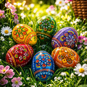 Set of 6 Pearlized Ukrainian Pysanky Wooden Easter Eggs 2.5 Inches