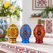 Set of 3 Colorful Geometric Ukrainian Pysanky Wooden Easter Eggs with Stands