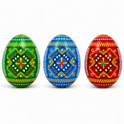 Set of 3 Vibrant Geometric Ukrainian Pysanky Wooden Easter Eggs 2.5 Inches