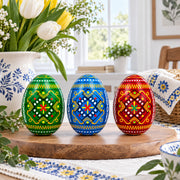Set of 3 Vibrant Geometric Ukrainian Pysanky Wooden Easter Eggs 2.5 Inches