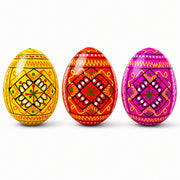 Set of 3 Yellow, Pink, Orange Geometric Ukrainian Pysanky Wooden Easter Eggs 2.5 Inches