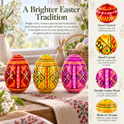 Set of 3 Yellow, Pink, Orange Geometric Ukrainian Pysanky Wooden Easter Eggs 2.5 Inches