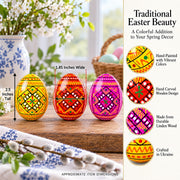 Set of 3 Yellow, Pink, Orange Geometric Ukrainian Pysanky Wooden Easter Eggs 2.5 Inches