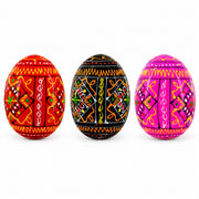 Set of 3 Red Shades Geometric Ukrainian Pysanky Wooden Easter Eggs 2.5 Inches