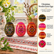 Set of 3 Red Shades Geometric Ukrainian Pysanky Wooden Easter Eggs 2.5 Inches