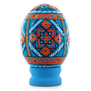Geometrical Blue Ukrainian Wooden Easter Egg Pysanka on a Stand 3 Inches