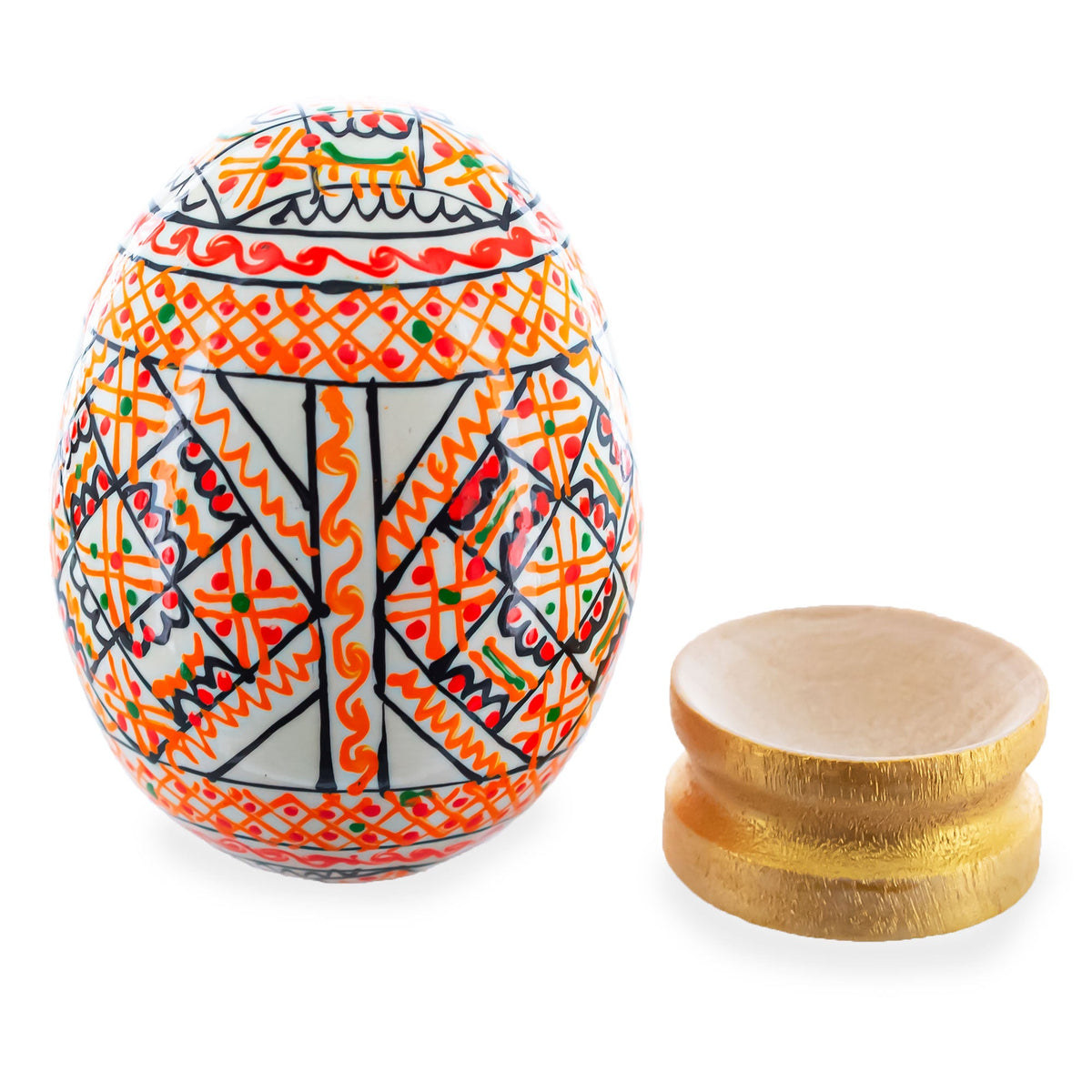 Geometrical White Ukrainian Wooden Easter Egg Pysanka on a Stand 3 Inches