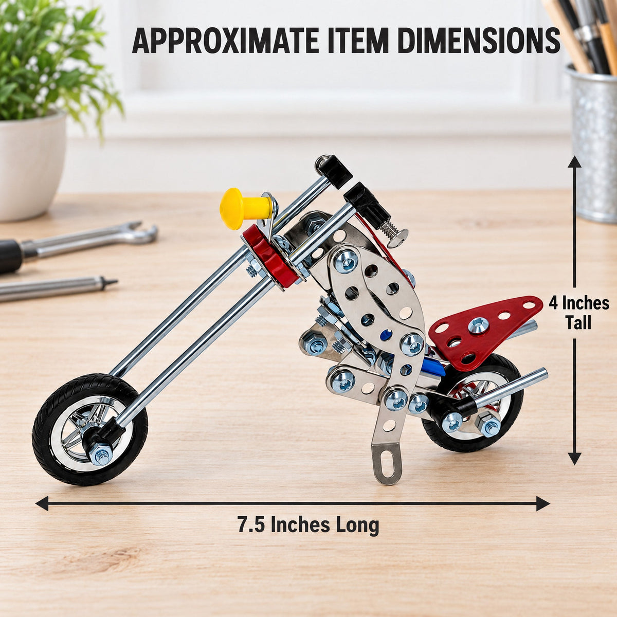 Metal Motorcycle Model Kit Buildable Chopper Toy with Bolts & Tools DIY  (105 Pieces) 7.5 Inches