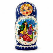 Set of 5 Family Christmas Celebration Wooden Nesting Dolls 6.5 Inches