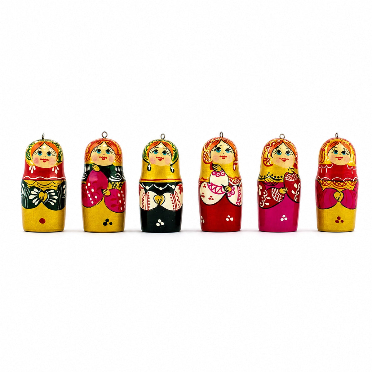 Set of 6 Wooden Nesting Doll Ornaments - 2.15" Christmas Matryoshka