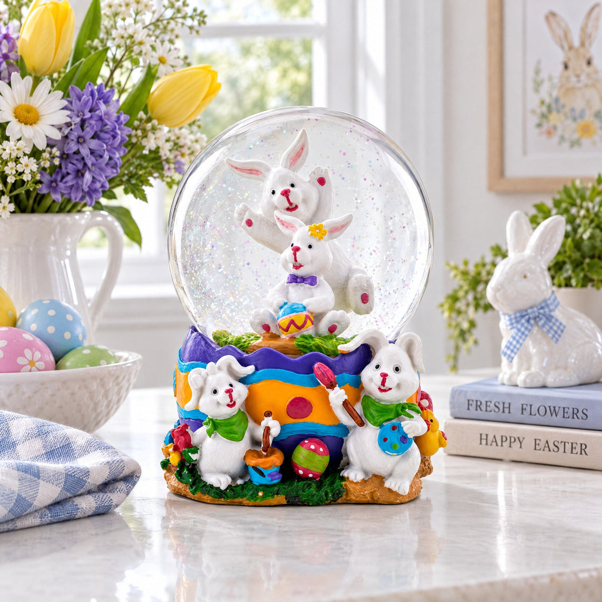 Spring Easter Egg Painting Rabbits Music Box Snow Globe 6 Inches Tall