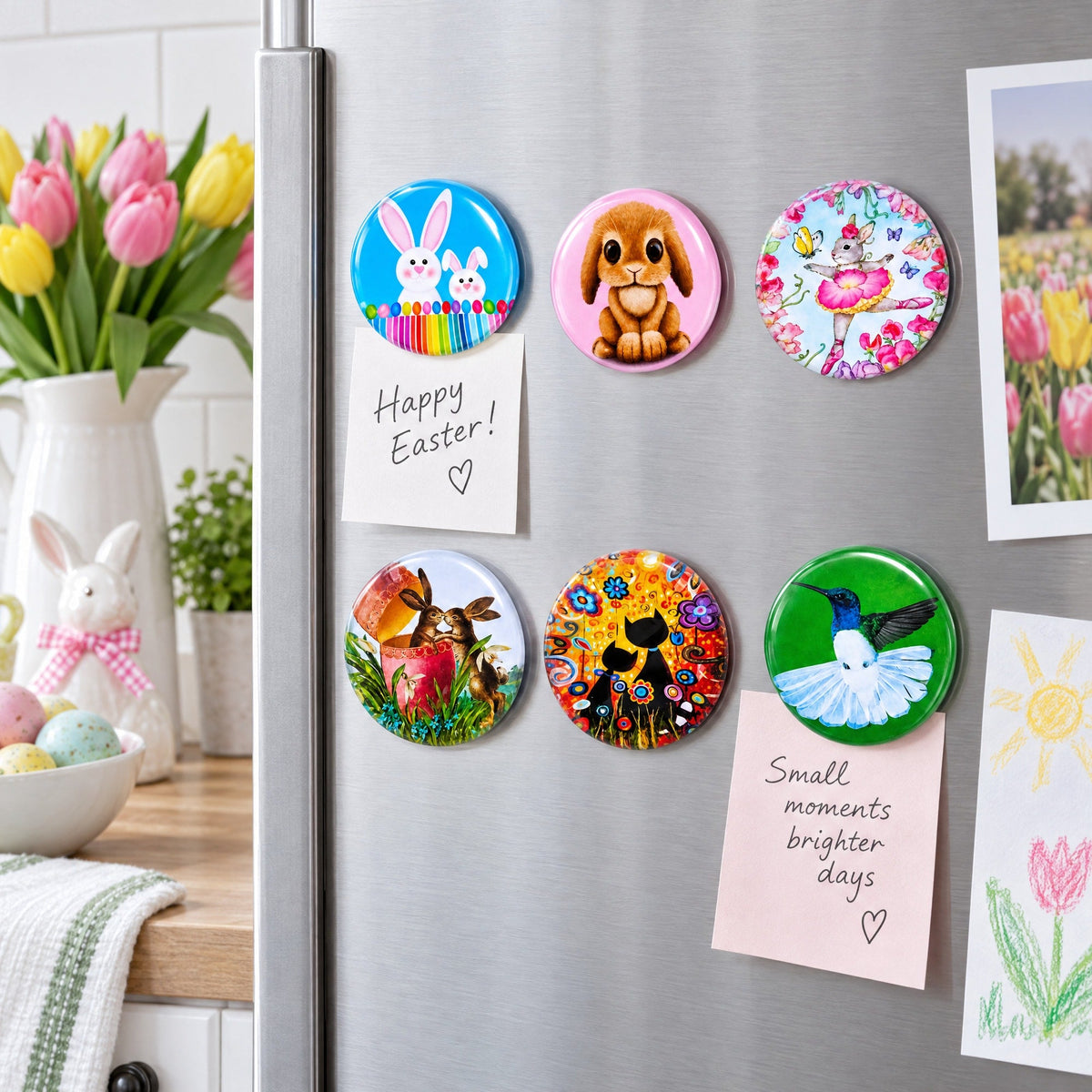 Set of 6 Bunnies, Hummingbird, Cats Easter Theme Fridge Magnets