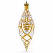Gold & White Baroque-Style Gem-Encrusted Elongated Pointed Teardrop Finial Glass Christmas Ornament