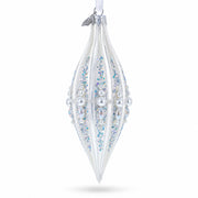 Pearl and Glitter Jeweled Elongated Pointed Teardrop Finial Glass Christmas Ornament