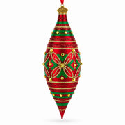 Red and Green Glitter Jeweled Elongated Pointed Teardrop Finial Glass Christmas Ornament