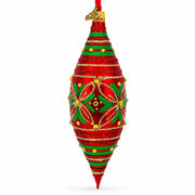 Red and Green Glitter Jeweled Elongated Pointed Teardrop Finial Glass Christmas Ornament