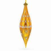 Golden Lattice and Floral Pattern Jeweled Elongated Pointed Teardrop Finial Glass Christmas Ornament