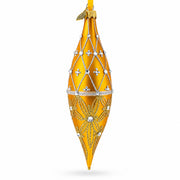 Golden Lattice and Floral Pattern Jeweled Elongated Pointed Teardrop Finial Glass Christmas Ornament