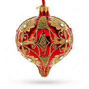 Regal Red & Gold Scrollwork Jeweled Onion-Shape Finial Glass Christmas Ornament