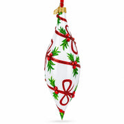 Holiday Ribbon on White Elongated Pointed Teardrop Finial Glass Christmas Ornament