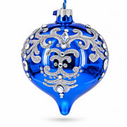 Blue Jeweled Silver Scroll Onion-Shape Finial Glass Christmas Ornament