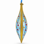 Blue and Gold Jeweled Vine Elongated Pointed Teardrop Finial Glass Christmas Ornament