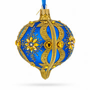 Blue and Gold Jeweled Floral Burst Onion-Shape Finial Glass Christmas Ornament