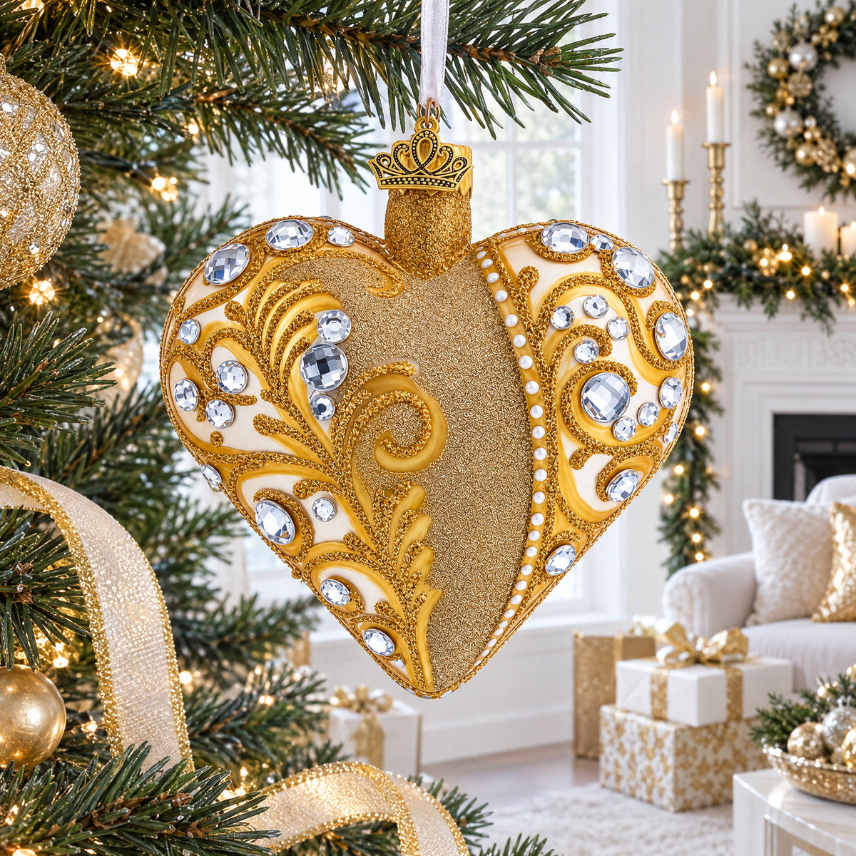 Gold Jeweled Baroque Heart Glass Christmas Ornament