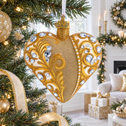 Gold Jeweled Baroque Heart Glass Christmas Ornament