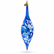 White Petal Blossoms Metallic Blue Elongated Pointed Teardrop Finial Glass Christmas Ornament