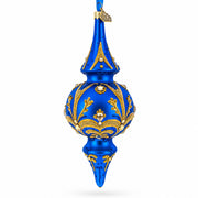 Jeweled Gold Scrollwork's on Blue Double-Ended Finial Drop Glass Christmas Ornament