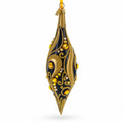 Black & Gold Jeweled Swirl Elongated Pointed Teardrop Finial Glass Christmas Ornament