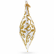 Ivory & Gold Pearl Embossed Elongated Pointed Teardrop Finial Glass Christmas Ornament