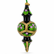 Black & Gold Floral Medallion Double-Ended Finial Drop Glass Christmas Ornament