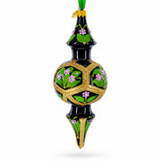 Black & Gold Floral Medallion Double-Ended Finial Drop Glass Christmas Ornament