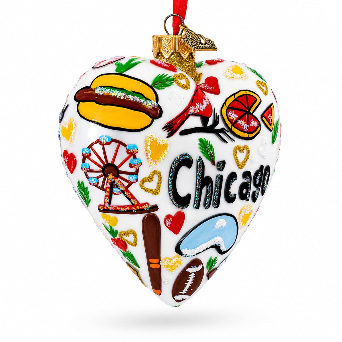 Chicago Landmarks & Symbols Glass Heart Christmas Ornament
