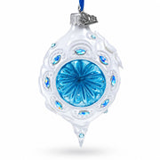 Vintage Style White and Blue Reflector Pointed Teardrop Finial Glass Christmas Ornament