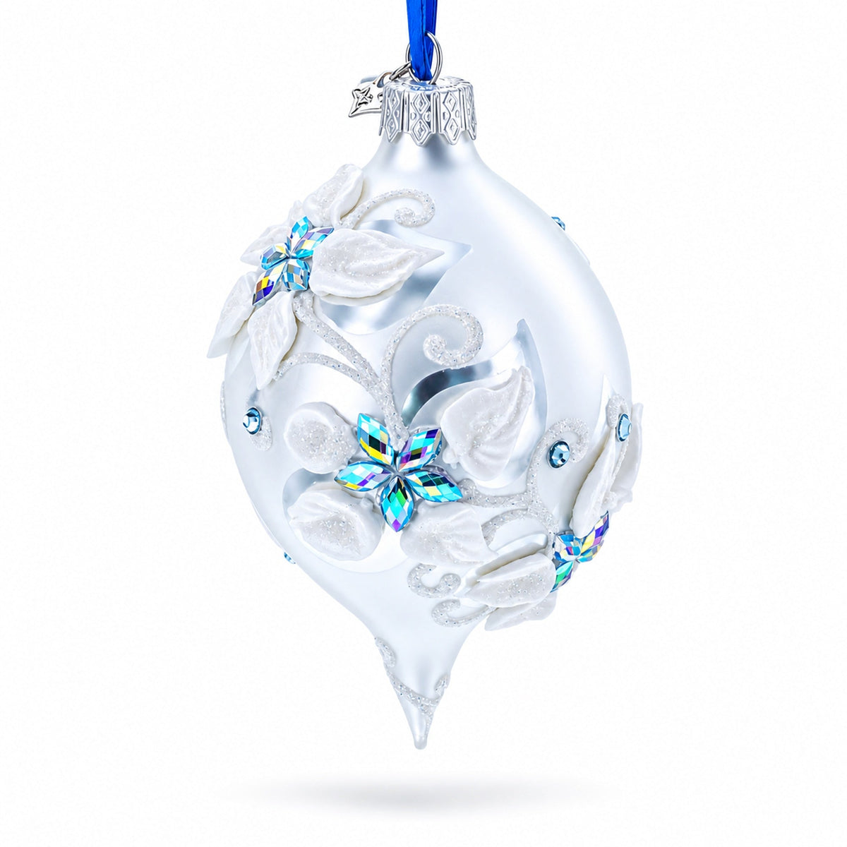 Vintage Style White and Blue Reflector Pointed Teardrop Finial Glass Christmas Ornament