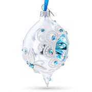 Vintage Style White and Blue Reflector Pointed Teardrop Finial Glass Christmas Ornament