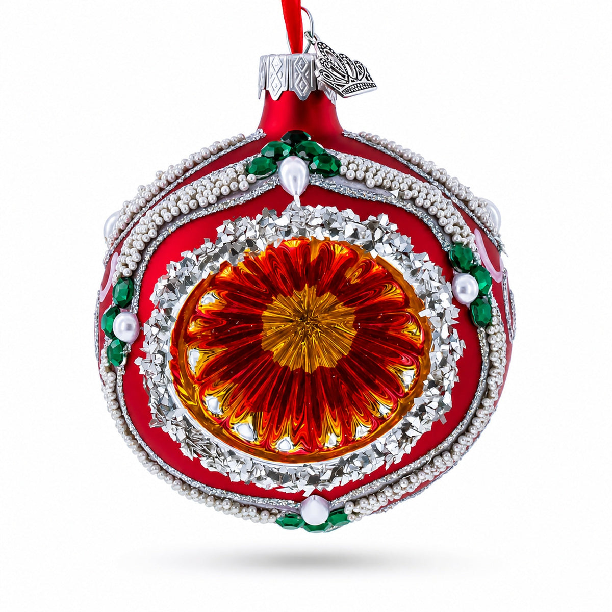 Retro Style Red and Gold Reflector with Glitter, Gems & Indent Center Glass Christmas Ornament