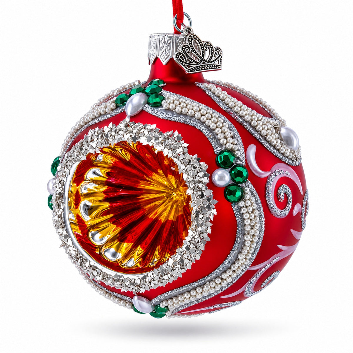 Retro Style Red and Gold Reflector with Glitter, Gems & Indent Center Glass Christmas Ornament