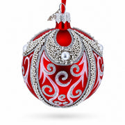 Retro Style Red and Gold Reflector with Glitter, Gems & Indent Center Glass Christmas Ornament