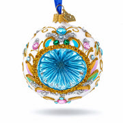 Retro Style White and Gold Reflector with Glitter, Gems & Indent Center Glass Christmas Ornament