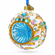 Retro Style White and Gold Reflector with Glitter, Gems & Indent Center Glass Christmas Ornament