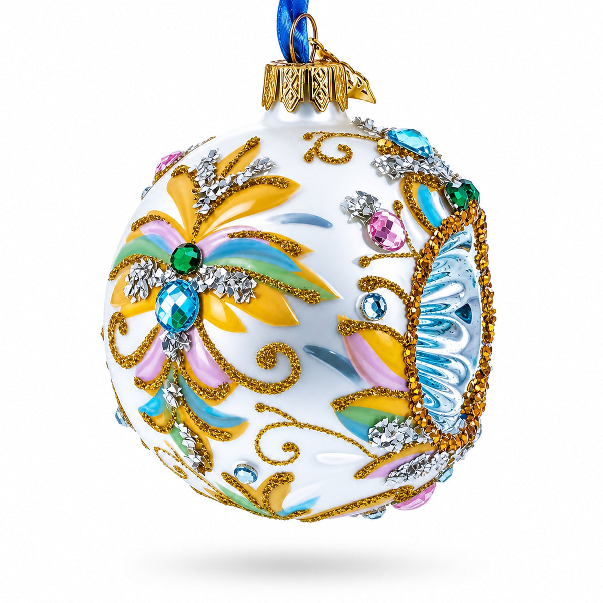 Retro Style White and Gold Reflector with Glitter, Gems & Indent Center Glass Christmas Ornament
