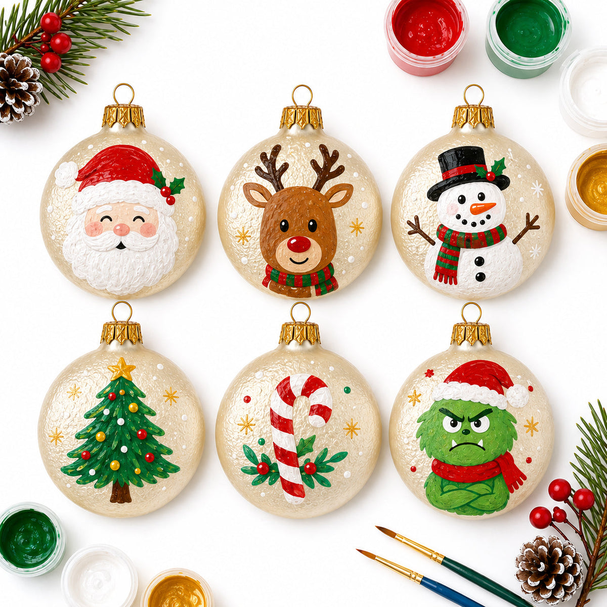 Set of 6 Ivory Flat Disc Glass Christmas Ornaments 3 Inches