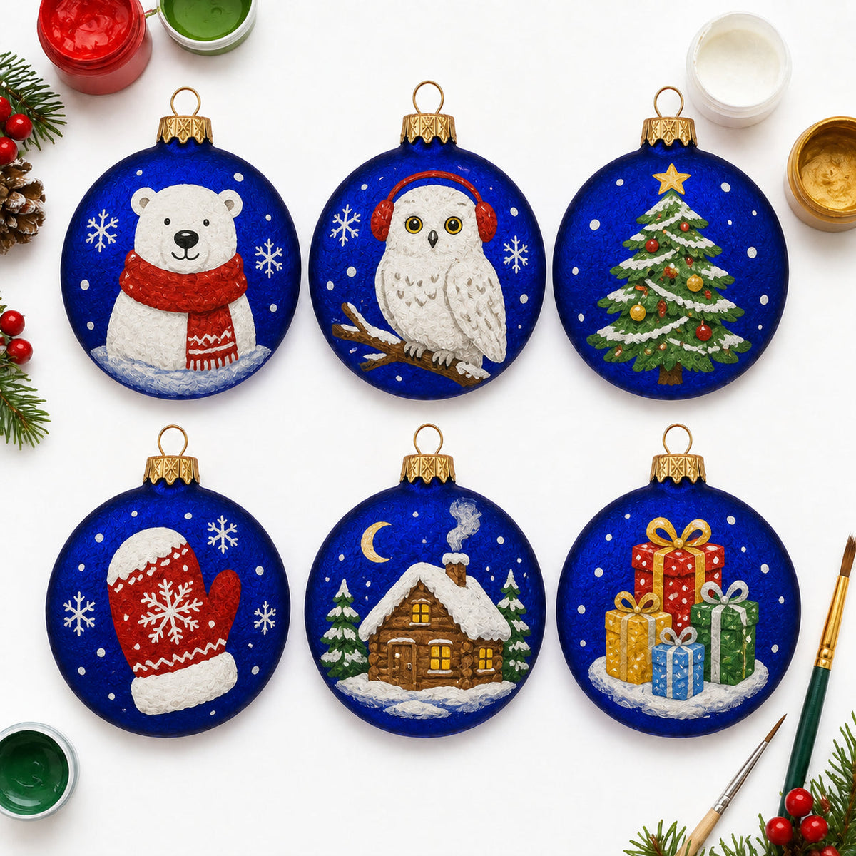 Set of 6 Matte Blue Flat Disc Glass Christmas Ornaments 3 Inches