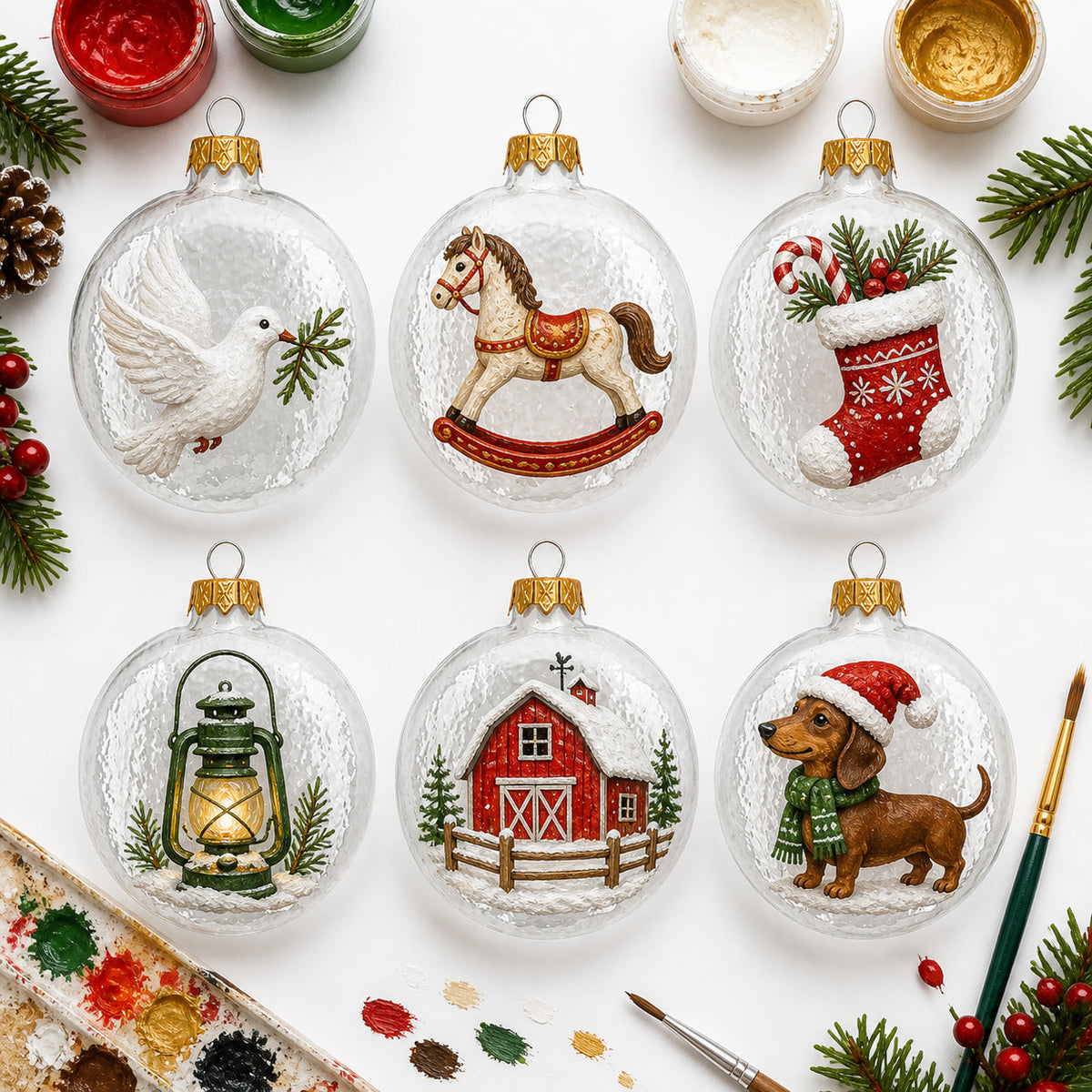 Set of 6 Glossy White Flat Disc Glass Christmas Ornaments 3 Inches