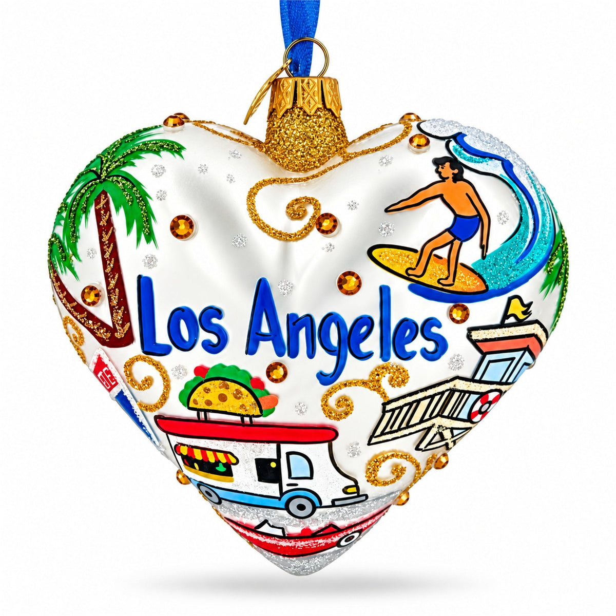 Los Angeles Landmarks & Symbols Glass Heart Christmas Ornament